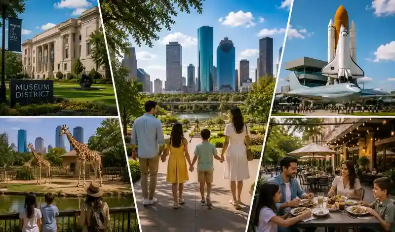 Family enjoying Houston's Museum District, Hermann Park, Houston Zoo, Space Center Houston, and family-friendly dining.
